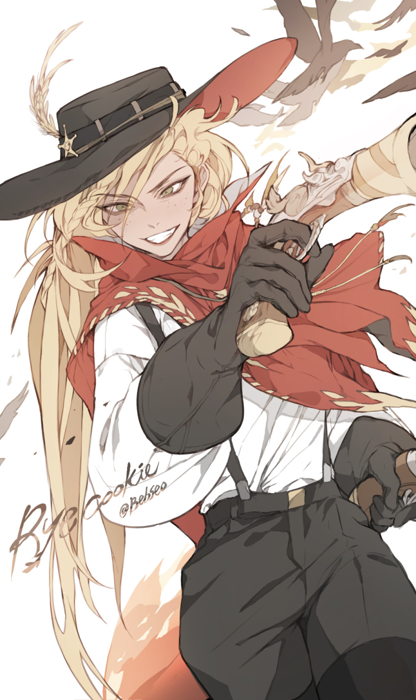 bebseo bird black_gloves black_hat black_pants blonde_hair braid brown_eyes character_name cloak commentary cookie_run cowboy_hat cowboy_shot cowboy_western dual_wielding dutch_angle feathers female finger_on_trigger freckles gloves grin gun handgun hat hat_feather hat_ornament highres holding holding_gun holding_weapon humanization looking_at_viewer pants poncho ponytail red_cloak rye_cookie shirt smile solo star_(symbol) star_hat_ornament tan weapon white_shirt