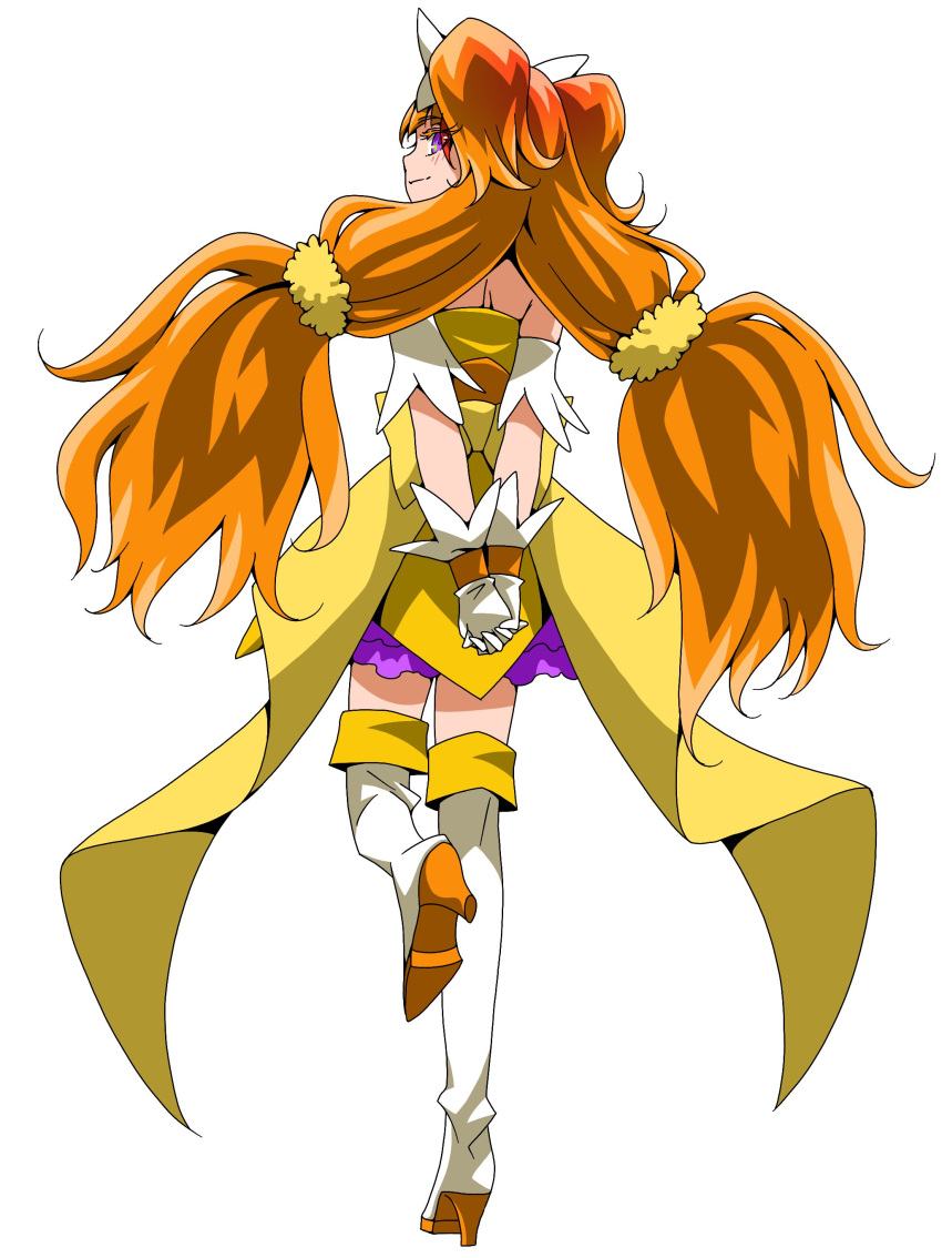 absurdres amanogawa_kirara arm_strap boots brown_hair closed_mouth commentary cure_twinkle ebura_din female floating_hair from_behind full_body gloves go!_princess_precure gradient_hair high_heel_boots high_heels highres layered_skirt long_hair looking_back miniskirt multicolored_hair own_hands_clasped own_hands_together precure profile purple_eyes purple_skirt simple_background skirt smile solo thigh_boots thighhighs twintails very_long_hair white_background white_footwear white_gloves zettai_ryouiki