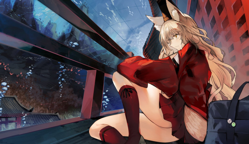 air_bubble animal_ear_fluff animal_ears ass bag brown_skirt bubble closed_mouth fate/grand_order fate_(series) female fox_ears fox_tail from_side highres knee_up long_hair long_sleeves miniskirt nishiide_kengorou no_panties official_art pleated_skirt railing red_shirt shirt side_slit sidelocks sitting skirt socks solo suzuka_gozen_(fate) tail thighs water wide_sleeves