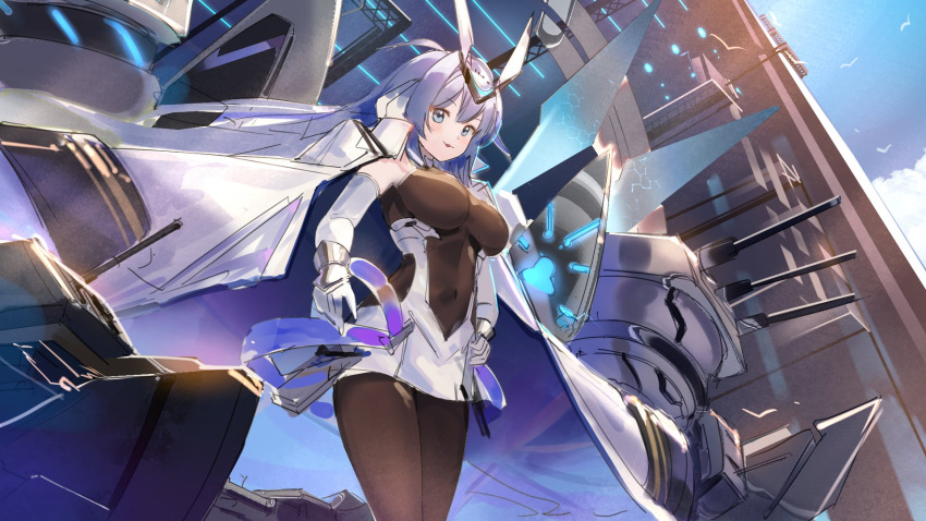 artillery azur_lane bodystocking breasts clothing_cutout coat coat_on_shoulders commentary dress elbow_gloves female from_below gloves headgear highres janyhero large_breasts light_purple_hair long_hair looking_at_viewer microdress new_jersey_(azur_lane) open_clothes open_coat purple_eyes rigging solo standing stomach_cutout very_long_hair white_coat white_dress white_gloves