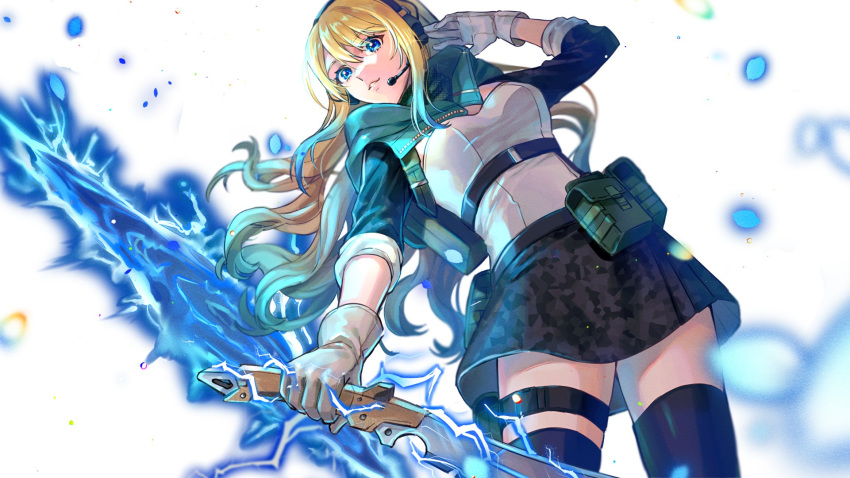 apex_legends ash_(titanfall_2) black_skirt black_thighhighs blonde_hair blue_eyes blue_hair breasts chinese_commentary commentary_request commission cowboy_shot female gloves gradient_hair highres holding holding_weapon indie_virtual_youtuber long_hair looking_at_viewer ma_x622 medium_breasts multicolored_hair portal_(object) pouch second-party_source skirt solo thighhighs virtual_youtuber weapon white_background zeta_(vtuber)