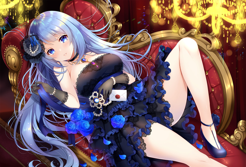 couch dress emori_miku emori_miku_project flowers gloves koyama_sao long_hair rose