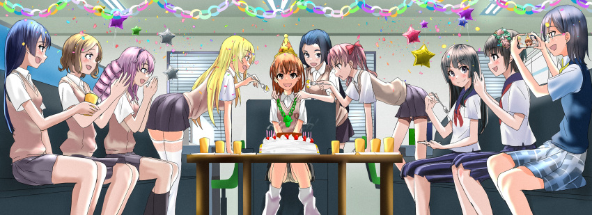 6+girls absurdres awatsuki_maaya birthday_cake black_hair blonde_hair brown_hair cake camera couch drill_hair flower food gekota hair_flower hair_ornament hairclip happy_birthday hat head_wreath highres hokaze_junko kongou_mitsuko konori_mii long_hair misaka_mikoto mitsunari_(708154) multiple_girls party_hat purple_hair sakugawa_school_uniform saten_ruiko school_uniform serafuku shirai_kuroko shokuhou_misaki short_hair summer_uniform sweater_vest toaru_kagaku_no_railgun toaru_majutsu_no_index tokiwadai_school_uniform twintails uiharu_kazari wannai_kinuho window