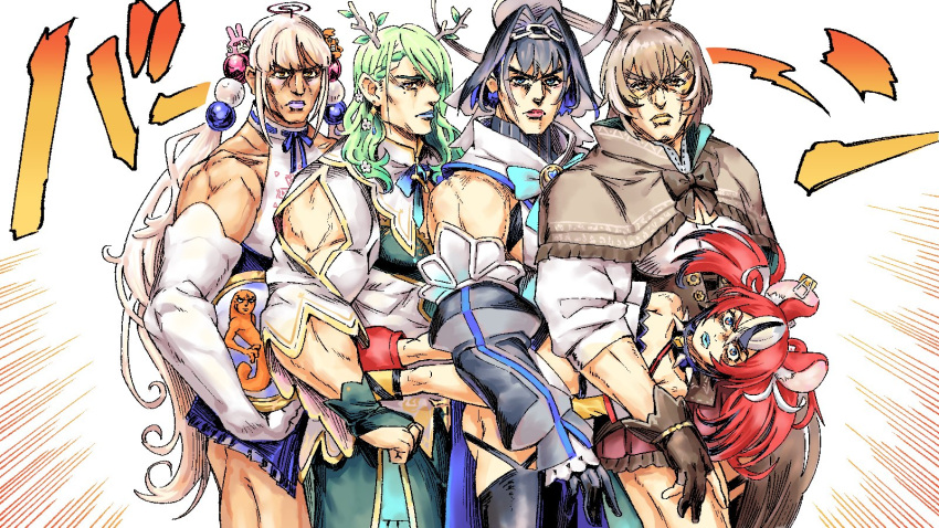 5girls antlers araki_hirohiko_(style) black_hair blonde_hair blue_eyes blue_hair bow breasts brown_bow brown_capelet brown_eyes capelet carrying carrying_person ceres_fauna ceres_fauna_(1st_costume) cleavage cleavage_cutout clenched_hand clothing_cutout commentary dark-skinned_female dark_skin detached_sleeves hair_intakes hakos_baelz halo highres holocouncil hololive hololive_english horns jojo_no_kimyou_na_bouken kaniko_(tsukumo_sana) let's_hit_the_road_(jojo) limiter_(tsukumo_sana) long_hair looking_at_viewer man_face mechanical_halo mole mole_under_eye multicolored_hair multiple_girls muscular nanashi_mumei orange_eyes ouro_kronii parody purple_eyes red_hair romaji_commentary short_hair shoulder_cutout stardust_crusaders style_parody tataki_tuna tsukumo_sana tsukumo_sana_(1st_costume) twintails usaslug_(tsukumo_sana) v-shaped_eyebrows virtual_youtuber white_hair yatagarasu_(tsukumo_sana) yellow_eyes