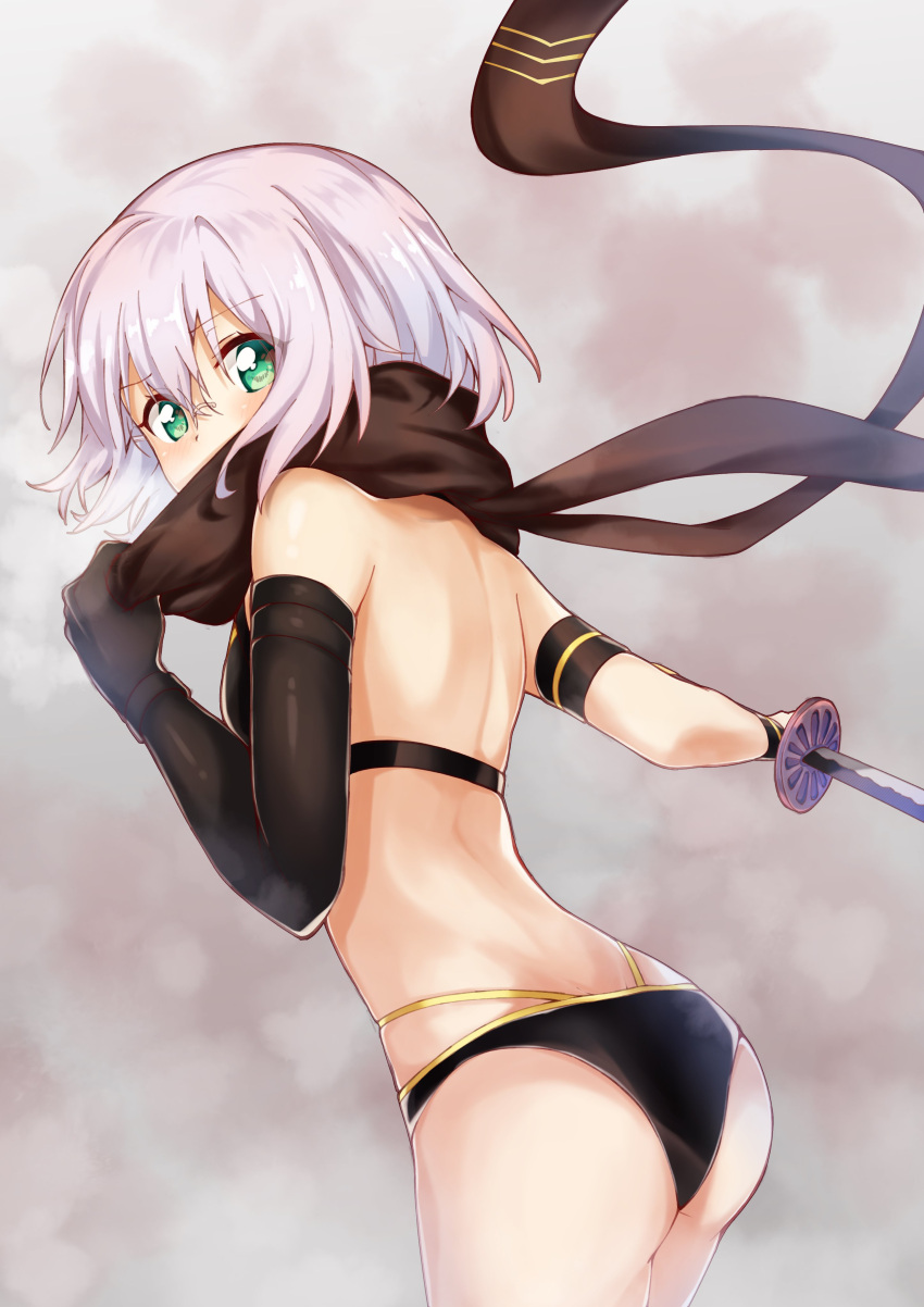 absurdres armor ass back bikini_armor black_bra black_gloves black_panties blush bra breasts cosplay covered_mouth elbow_gloves fate/grand_order fate_(series) female from_behind glasses gloves green_hair highres ikeda_chizuru looking_at_viewer looking_back okita_j._souji_(fate) okita_j._souji_(fate)_(cosplay) okita_j._souji_(first_ascension)_(fate) okita_souji_(fate) panties pizza_(pizzania_company) scarf short_hair shoulder_blades small_breasts solo sword underwear weapon white_hair yuru_yuri