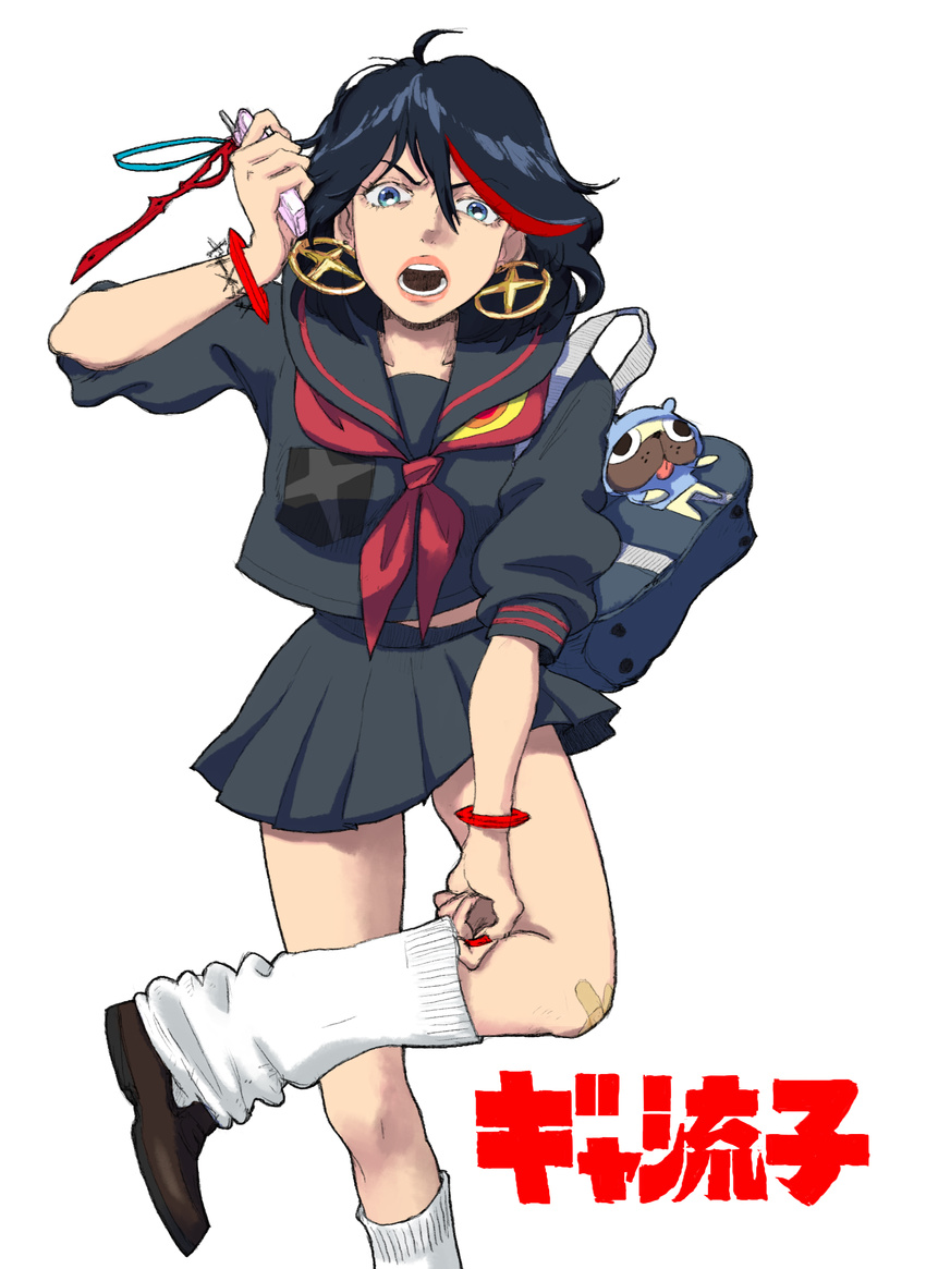 black_hair black_serafuku canine character_name commentary female guts_(kill_la_kill) gyaru highres jewelry kill_la_kill kogal loafers loose_socks matoi_ryuuko multicolored_hair navel photoshop_(medium) pug pun rasou red_hair school_uniform scissor_blade_(kill_la_kill) senketsu serafuku shoes short_hair simple_background skirt socks solo suspenders translated two-tone_hair weapon white_background white_socks