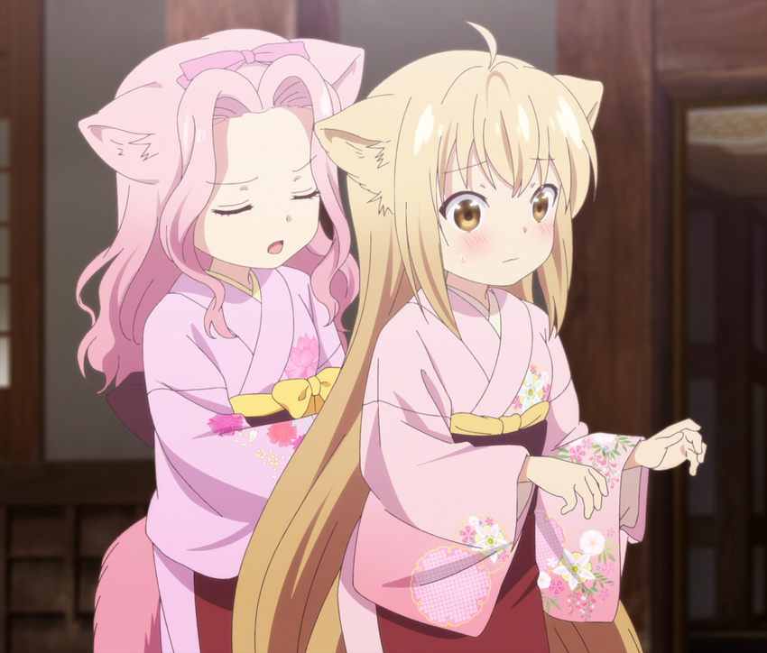 2girls animal_ears blonde_hair blush closed_eyes fox_ears fox_tail konohana_kitan multiple_girls oerba_yun_fang pink_hair ren_(konohana_kitan) yellow_eyes yuzu_(konohana_kitan)