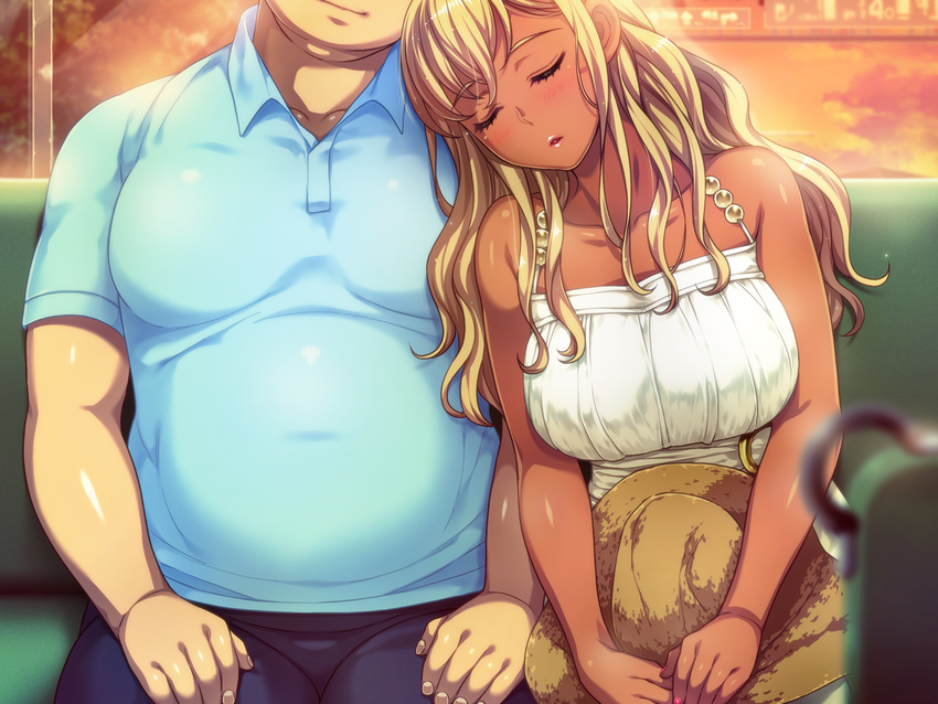 1boy baka_dakedo_chinchin_shaburu_no_dake_wa_jouzu_na_chii-chan bare_shoulders blonde_hair blush breasts bus bus_interior closed_eyes collarbone couple dark_skin dress fat fat_man female game_cg ganguro gyaru hamashima_shigeo hat large_breasts leaning_on_person long_hair motor_vehicle muroto_kouta nail_polish parted_lips pink_nails polo_shirt shiina_chieri shiny_skin sitting sleeping straight straw_hat sundress