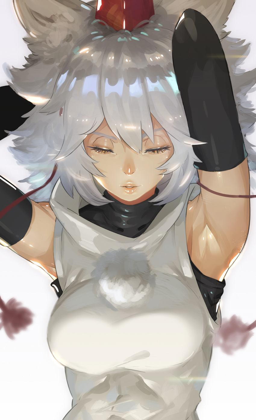 absurdres animal_ears armpits arms_behind_head arms_up black_gloves breasts commentary_request elbow_gloves female gloves gorimaro half-closed_eyes hat highres inubashiri_momiji lips medium_breasts nose parted_lips photoshop_(medium) pom_pom_(clothes) shiny_skin simple_background sleeveless solo tokin_hat touhou upper_body white_background white_hair wolf_ears