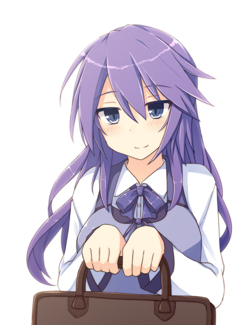 anemone_(flower_knight_girl) bad_id bad_pixiv_id bag blue_eyes bow female flower_knight_girl handbag highres lolikaku long_hair looking_at_viewer purple_bow purple_hair shirt smile solo upper_body white_background