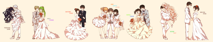 6+boys 6+girls absurdres amamiya_hibiya asahina_hiyori azami_(kagerou_project) bad_id bad_pixiv_id black_hair bouquet brown_hair carrying character_name commentary_request couple dress enomoto_takane flower formal glasses green_hair grey_hair hair_ribbon highres husband_and_wife kagerou_project kano_shuuya kido_tsubomi kisaragi_momo kisaragi_shintarou kokonose_haruka kozakura_marry long_hair multiple_boys multiple_girls ponytail princess_carry ribbon seto_kousuke short_hair side_ponytail straight suit tateyama_ayaka tateyama_ayano tateyama_kenjirou tsukihiko_(kagerou_project) twintails ujikawa_(nabari) very_long_hair wedding_dress wide_image