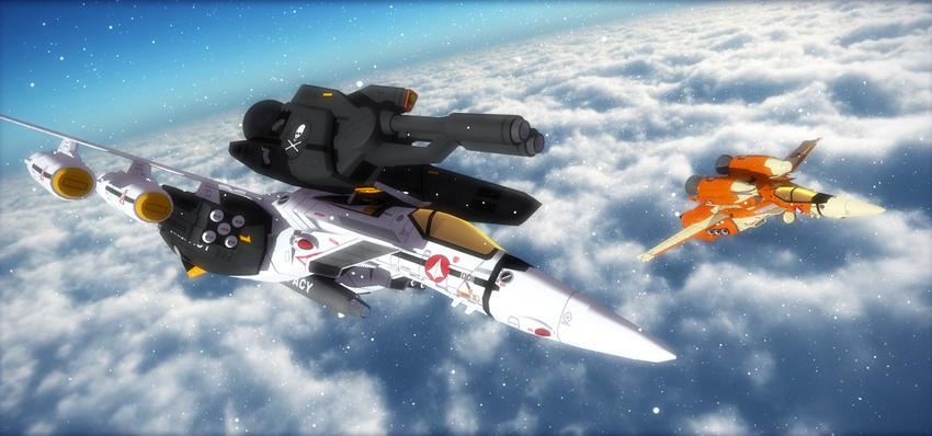 1980s_(style) 3d aircraft airplane bad_id bad_pixiv_id cannon cloud energy_gun fighter_jet flying gunpod highres jet jolly_roger macross macross:_do_you_remember_love? mikotosiara0 military military_vehicle missile no_humans radiation_symbol realistic retro_artstyle science_fiction spacecraft star_(sky) u.n._spacy variable_fighter vehicle_focus vf-1 vf-1_strike vt-1_super weapon