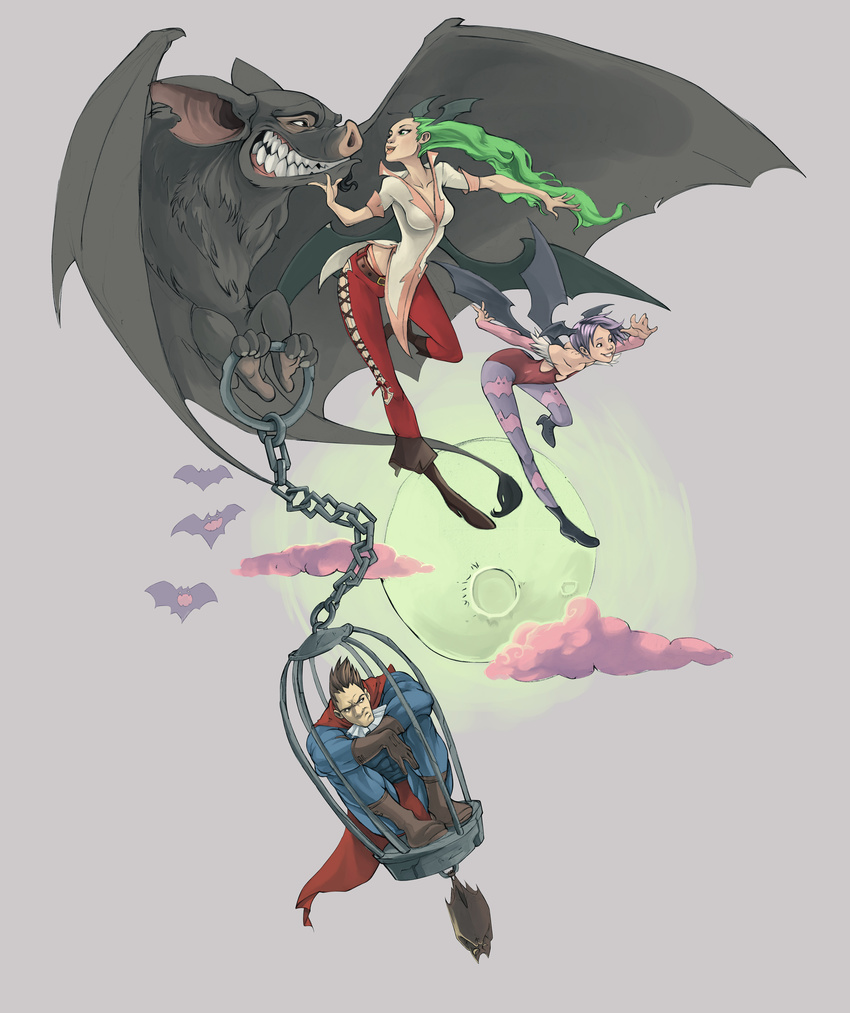 1boy 2girls absurdres alternate_costume animal_print bare_shoulders bat_(animal) bat_print bat_wings boots breasts cage demitri_maximoff demon_girl flat_chest flying full_moon green_hair grin head_wings highres knee_boots kobus_faber leotard lilith_aensland long_hair moon morrigan_aensland multiple_girls pants pantyhose print_pantyhose purple_hair red_eyes short_hair smile vampire_(game) wings