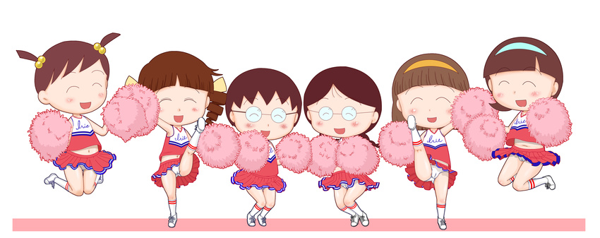 6+girls :d arm_up armpits artist_request black_hair blush braid brown_hair cheering cheerleader chibi_maruko-chan closed_eyes drill_hair female full_body glasses hair_bobbles hair_ribbon hairband hands_up happy honami_tamae jougasaki_himeko jumping kneepits leg_lift lineup lolicon long_hair miniskirt multiple_girls navel open_mouth panties pom_poms ribbon round_glasses sasayama_kazuko sawai_(chibi_maruko-chan) shirt shoes short_hair short_twintails simple_background skirt skirt_flip sleeveless sleeveless_shirt smile socks standing tsuchihashi_toshiko twin_braids twin_drills twintails uchida_keiko white_background