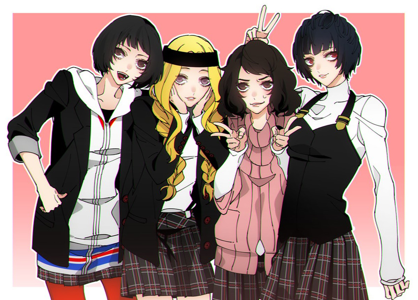 4girls :d alternate_costume black_hair brown_eyes cardigan collarbone cosplay curly_hair double_v halterneck headband jersey kawakami_sadayo layered_clothing legwear long_hair long_sleeves looking_at_viewer mifune_chihaya multiple_girls niijima_makoto niijima_makoto_(cosplay) ohya_ichiko okumura_haru okumura_haru_(cosplay) open_mouth parted_lips persona persona_5 plaid_skirt purple_eyes red_eyes red_legwear ryyohko school_uniform short_hair skirt smile takamaki_anne takamaki_anne_(cosplay) takemi_tae v v_(bunny_ears)