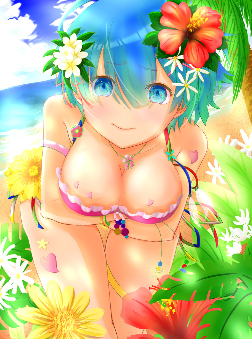 beach bikini blue_eyes blue_hair blue_sky breasts cleavage cloud commentary_request day female flower hair_flower hair_ornament hibiscus highres horizon large_breasts looking_at_viewer ocean outdoors pandemic14 plumeria re:zero_kara_hajimeru_isekai_seikatsu rem_(re:zero) short_hair sky smile solo swimsuit water