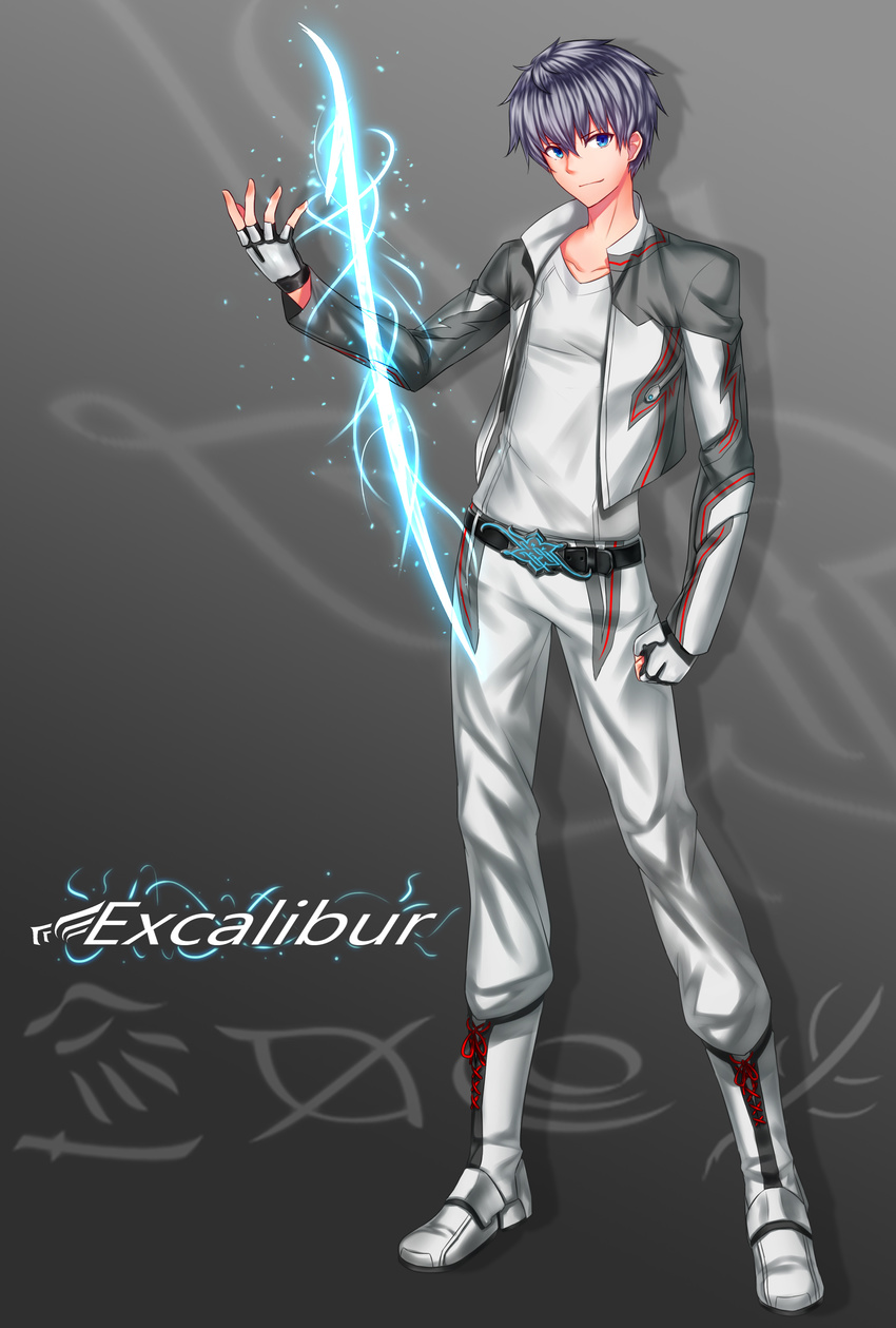 1boy absurdres blue_eyes chinese_commentary commentary_request energy energy_sword exalted_weapon_(warframe) excalibur_(warframe) fingerless_gloves gloves glowing glowing_sword glowing_weapon highres kai_(pixiv12466647) male_focus melee_weapon_(warframe) personification photoshop_(medium) solo sword warframe weapon