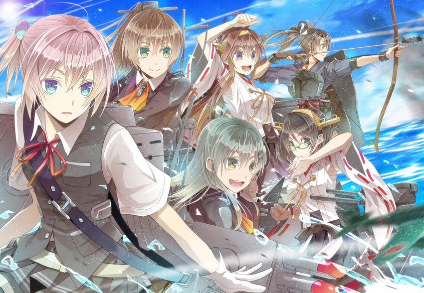 6+girls ahoge aqua_eyes ascot bad_id bad_pixiv_id bow_(weapon) brown_hair detached_sleeves gloves grey_hair hair_ornament hairband hairclip japanese_clothes kantai_collection kirishima_(kancolle) kongou_(kancolle) kumano_(kancolle) long_hair long_sleeves mizuchaya_youkan multiple_girls muneate neck_ribbon nontraditional_miko open_mouth pink_hair ponytail purple_eyes ribbon school_uniform shiranui_(kancolle) short_hair single_glove smile suzuya_(kancolle) twintails vest weapon white_gloves zuikaku_(kancolle)