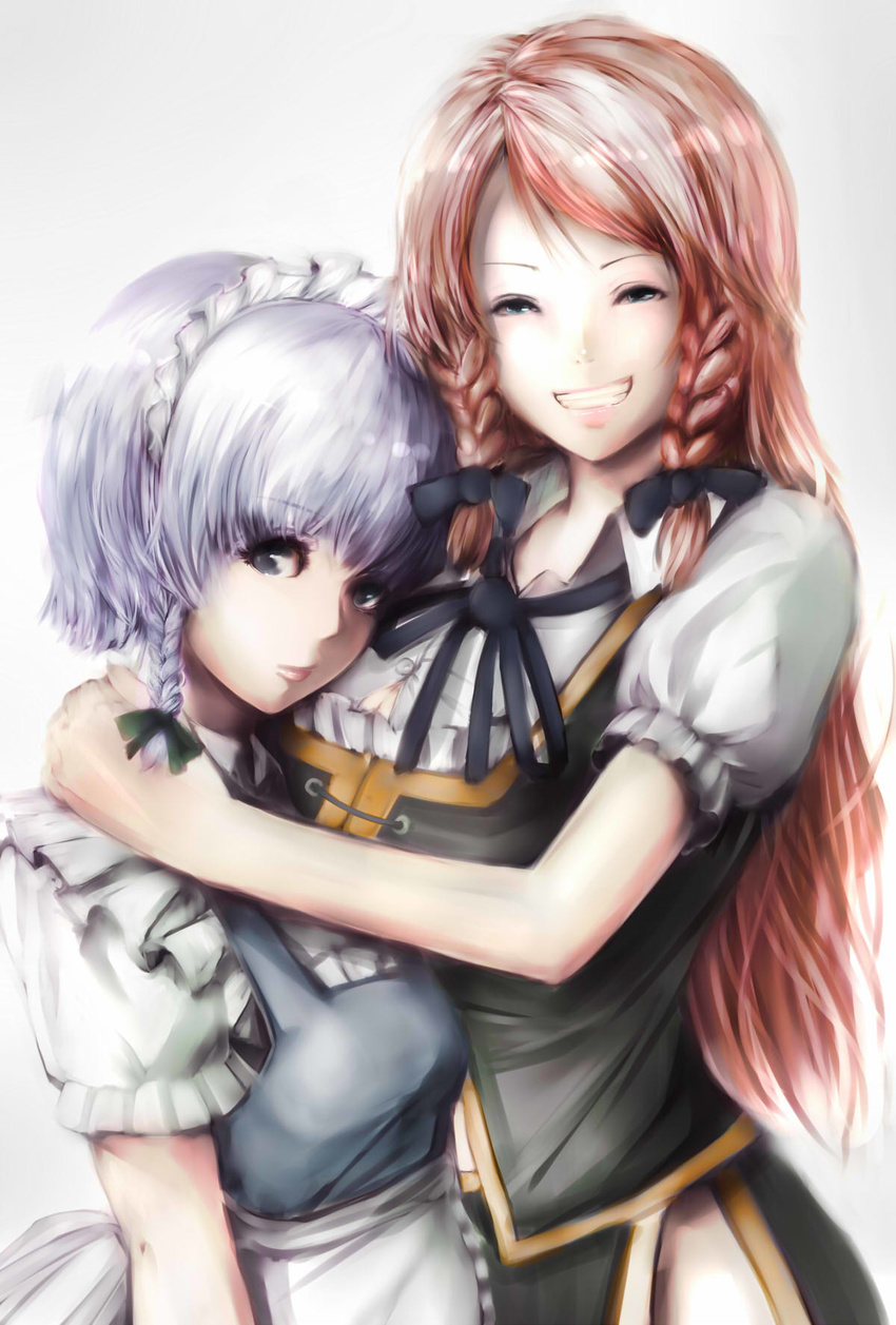 2girls bad_id bad_pixiv_id blue_eyes braid chinese_clothes grey_hair grin highres hong_meiling hug izayoi_sakuya long_hair maid_headdress matsukaze881 multiple_girls red_hair short_hair smile touhou twin_braids