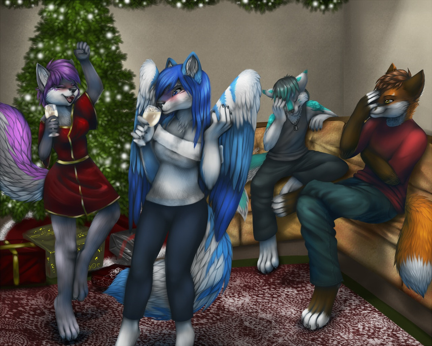 5:4 anthro arctic avoid_posting canid canine canis christmas conditional_dnp eggnog female fox holidays jess_(teckly) male mammal princess_rei tala_(suntattoowolf) were werecanid werecanine werefox wings wolf