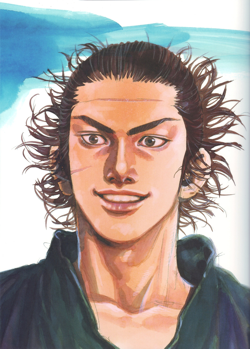 1boy absurdres brown_eyes brown_hair highres inoue_takehiko male_focus miyamoto_musashi_(vagabond) ponytail portrait scar scar_on_face smile solo vagabond