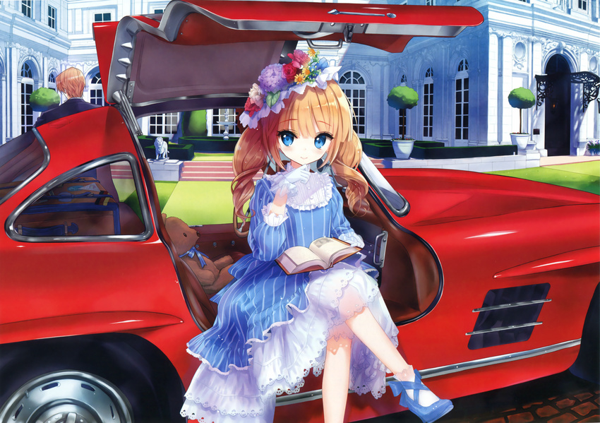 1boy absurdres blonde_hair blue_dress blue_eyes blue_footwear blush book brown_hair car closed_mouth crossed_legs dress female flower fountain frills gloves grass gullwing_doors hat hat_flower hedge highres hydrangea hydrangea_hair_ornament left-hand_drive lolita_fashion long_hair looking_at_viewer mansion mercedes-benz mercedes-benz_300sl motor_vehicle open_book original outdoors plant red_flower red_rose rose shoes sitting smile socks sports_car statue striped_clothes striped_dress stuffed_animal stuffed_toy suitcase teddy_bear tree tsukigami_runa twintails white_gloves white_legwear window