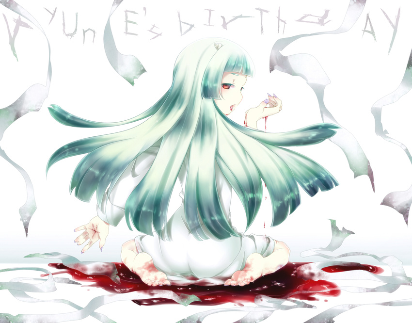 b_(kana0816) bandages blood blood_in_mouth blood_on_face blood_on_feet blood_on_hands character_name commentary_request english_text female from_behind full_body green_hair happy_birthday horns kami_nomi_zo_shiru_sekai long_hair long_sleeves lune_(kaminomi) nail_polish open_mouth profile purple_nails red_eyes shirt sitting solo very_long_hair wariza white_shirt