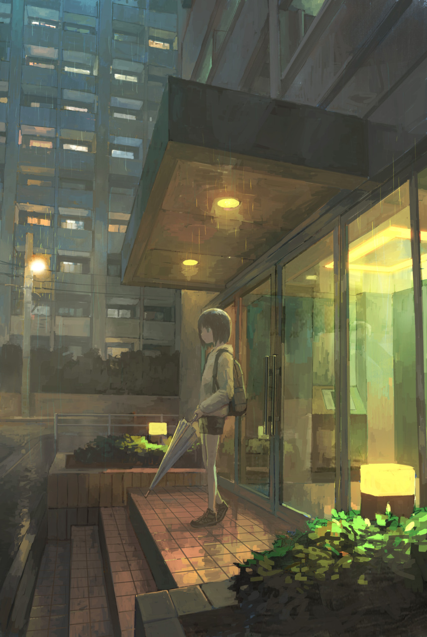 black_eyes black_hair black_shorts building commentary female highres holding holding_umbrella hood hoodie original outdoors painterly plant profile rain reflection shoes short_hair shorts solo standing tokunaga_akimasa umbrella white_hoodie wide_shot