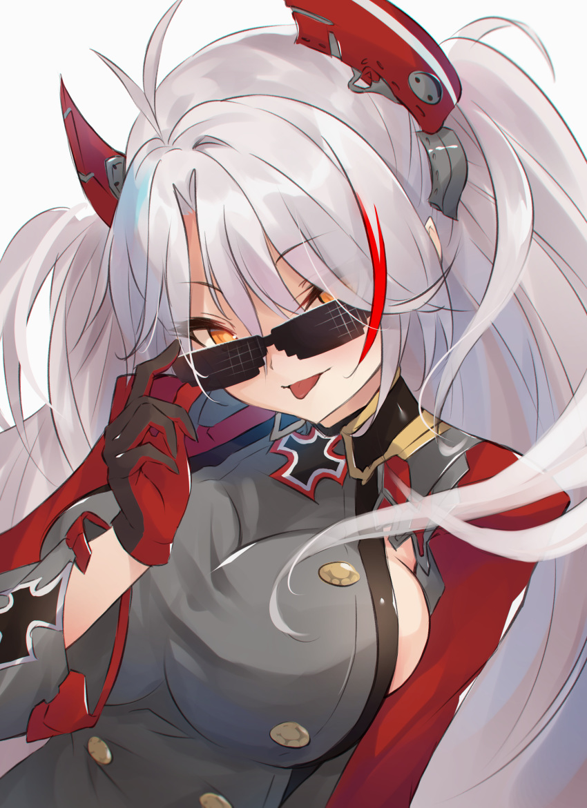 absurdres adjusting_eyewear antenna_hair azur_lane breasts cross deal_with_it_(meme) diieru female gloves grey_hair headgear highres iron_cross meme mlg multicolored_hair orange_eyes prinz_eugen_(azur_lane) red_hair sideboob simple_background solo streaked_hair sunglasses swept_bangs tongue tongue_out two_side_up white_background