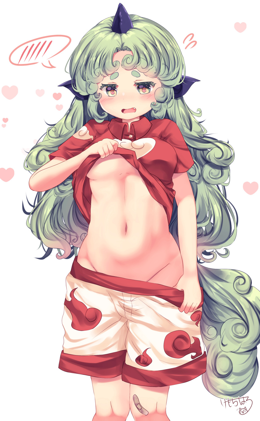 absurdres bandage_on_knee blush breasts clothes_lift clothes_pull cowboy_shot female flying_sweatdrops green_hair groin heart heart_print highres horns kemo_chiharu komano_aunn lifting_own_clothes long_hair looking_at_viewer navel oerba_yun_fang pulling_own_clothes shirt_lift shorts shorts_pull shorts_tug single_horn small_breasts solo spoken_blush touhou underboob very_long_hair wavy_mouth white_background