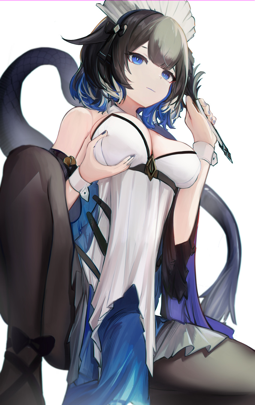 absurdres arknights bare_shoulders black_hair black_pantyhose blue_dress blue_eyes blue_hair breast_hold breasts cleavage closed_mouth detached_sleeves dress duster feather_duster feet_out_of_frame female highres kjera_(arknights) kjera_(ingenious_servant)_(arknights) large_breasts long_sleeves looking_at_viewer maid maid_headdress mizuhashi_parusui multicolored_hair official_alternate_costume pantyhose short_hair simple_background solo spread_legs squatting strapless strapless_dress tail two-tone_dress white_background white_dress white_hair wide_sleeves wrist_cuffs