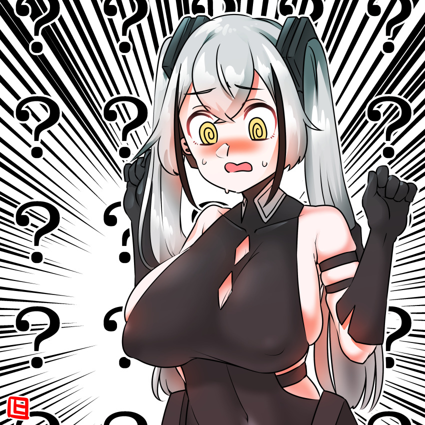 absurdres alternate_breast_size blush breasts commentary_request covered_nipples destroyer_(girls'_frontline) embarrassed female girls'_frontline highres large_breasts sangvis_ferri shima_(wideshi_ma) solo sweatdrop twintails white_hair yellow_eyes