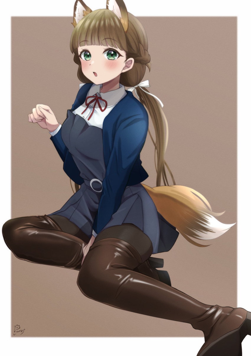 :o animal_ears black_thighhighs blue_jacket blunt_bangs blush boots border bow braid brown_background brown_footwear brown_hair collared_shirt commentary dress female fox_ears fox_tail green_eyes grey_dress hairbow half_up_braid hand_up high_heel_boots high_heels highres jacket kemonomimi_mode long_hair looking_at_viewer love_live! love_live!_superstar!! low_twintails open_mouth outside_border paw_pose pinafore_dress pukonuu sakurakoji_kinako school_uniform shirt short_dress shrug_(clothing) signature simple_background sitting sleeveless sleeveless_dress solo string_tie tail thigh_boots thighhighs twintails white_border white_bow white_shirt winter_uniform yokozuwari yuigaoka_school_uniform