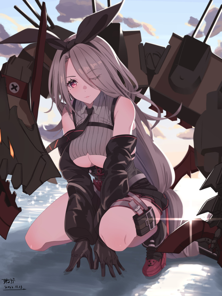 absurdres armor ascot azur_lane black_gloves black_ribbon black_skirt boots breasts female gloves hair_ribbon high_heel_boots high_heels highres long_hair necktie outdoors prinz_heinrich_(azur_lane) red_armor red_eyes red_footwear ribbon skirt sunebu_(snake_boo2) very_long_hair white_hair