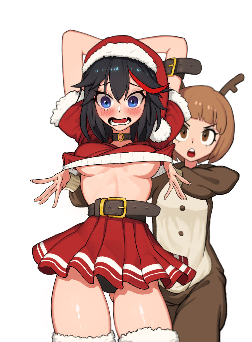 2girls absurdres alternate_costume animal_costume antlers arm_strap ass_visible_through_thighs assisted_exposure belt black_hair black_panties blue_eyes blush breasts brown_eyes brown_hair clothes_lift commentary cowboy_shot cropped_sweater embarrassed english_commentary eyelashes fake_antlers fur-trimmed_legwear fur_trim hair_between_eyes hand_under_clothes hat hellk111 highres horns kill_la_kill looking_at_viewer mankanshoku_mako matoi_ryuuko medium_breasts miniskirt multicolored_hair multiple_girls no_bra oerba_yun_fang open_mouth panties pantyshot pleated_skirt pom_pom_(clothes) red_hair red_headwear red_skirt red_sweater reindeer_costume santa_costume santa_hat short_hair simple_background skin_fang skirt streaked_hair surprised sweater sweater_lift tareme thighhighs thighs two-tone_hair underboob underwear white_background