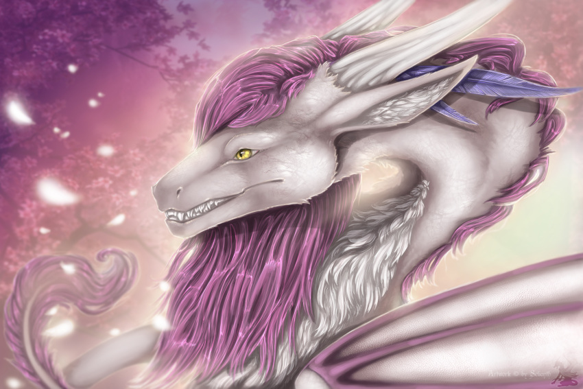 2021 3:2 digital_media_(artwork) dragon fur furred_dragon furred_scalie hair hi_res mythological_creature mythological_scalie mythology purple_hair scalie selianth smile solo teeth white_body white_fur yellow_eyes