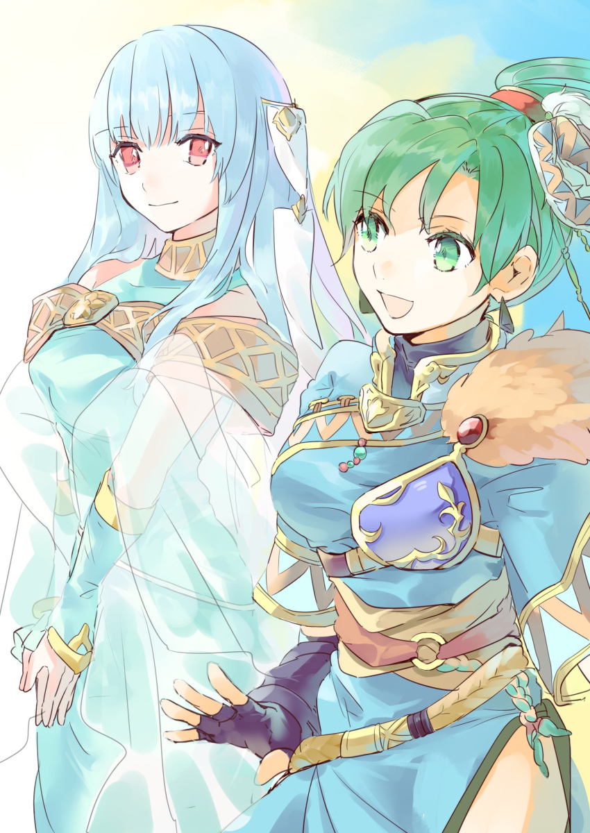 2girls black_gloves blue_hair closed_mouth dress fingerless_gloves fire_emblem fire_emblem:_the_blazing_blade fire_emblem_heroes gloves green_eyes green_hair highres hukashin long_hair lyn_(brave_lady)_(fire_emblem) lyn_(fire_emblem) multiple_girls ninian_(fire_emblem) open_mouth ponytail red_eyes