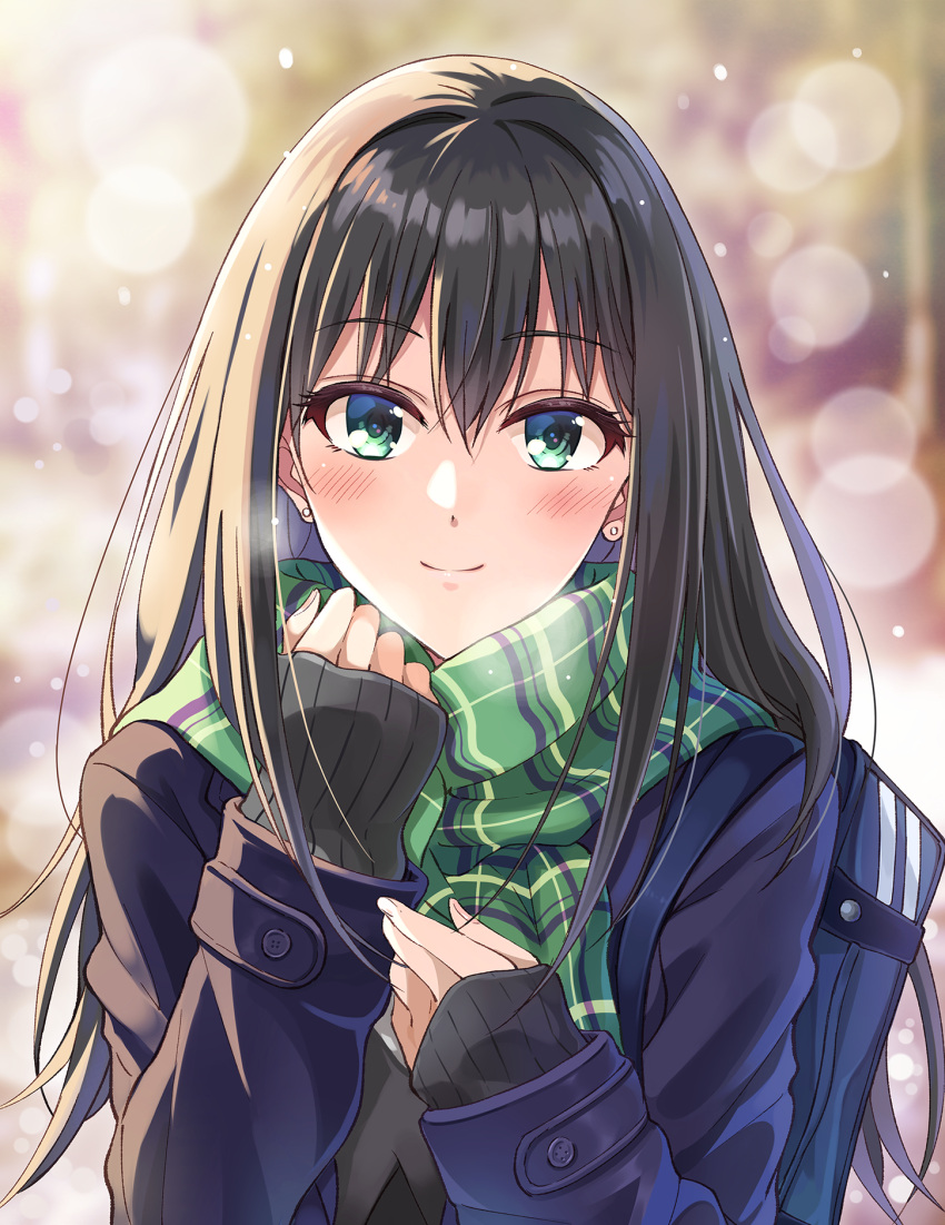 bag black_hair blush coat earrings female green_eyes highres idolmaster idolmaster_cinderella_girls jewelry long_hair long_sleeves looking_at_viewer scarf school_bag shibuya_rin smile solo tazu upper_body