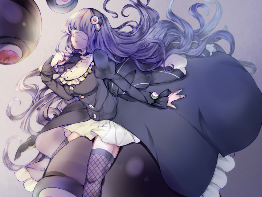 bad_id bad_pixiv_id black_thighhighs breasts dodo_(extraordinary_ones) dress eyeball_hair_ornament female fishnet_thighhighs fishnets frills hair_over_eyes hand_up highres hijinrui_gakuen korean_commentary long_hair long_sleeves medium_breasts puffy_long_sleeves puffy_sleeves purple_hair solo thighhighs yaekn