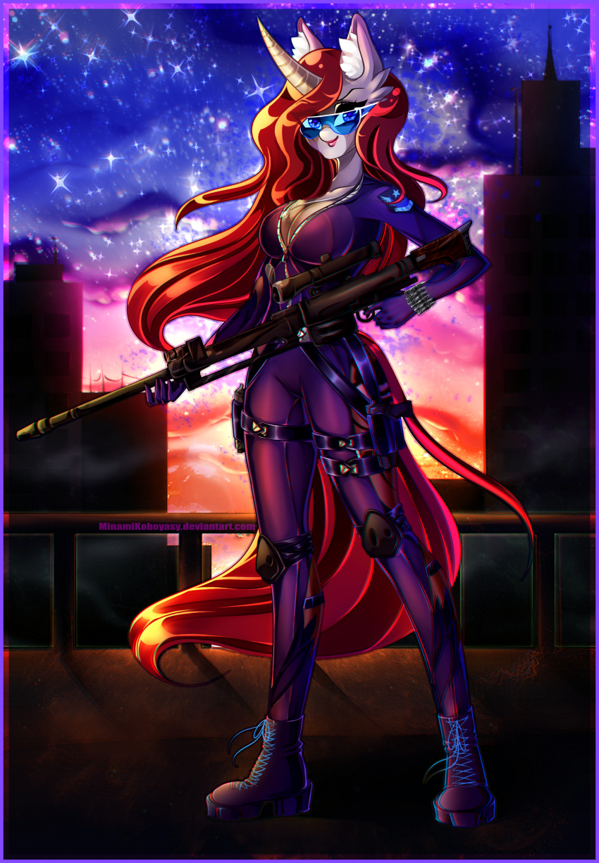 absurd_res anthro bars belt blue_border border breasts bullet city city_background cityscape cleavage clothed clothing coat_markings cutie_mark dog_tags equid equine female flowing_hair flowing_mane flowing_tail footwear gun hair handgun hasbro hi_res inner_ear_fluff insignia knee_pads leather leather_clothing looking_at_viewer mammal markings military military_insignia military_uniform minamikoboyasy my_little_pony pistol plantigrade ranged_weapon red_hair rifle rooftop scope selune_darkeye shoes sky smile snip_(marking) sniper sniper_rifle solo star starry_sky sunset tight_clothing tuft uniform utility_belt visor weapon zipper zipper_down zipper_jumpsuit