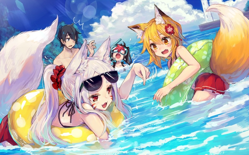 1boy 3girls :d :o ^^^ animal_ears bikini black_bikini black_eyes black_hair blonde_hair blush commentary_request day diving_mask eyewear_on_head facial_mark flower fox_ears fox_girl fox_tail goggles hair_between_eyes hair_flower hair_ornament hair_over_one_eye hair_scrunchie innertube kouenji_(sewayaki_kitsune_no_senko-san) makihitsuji multiple_girls nakano_(sewayaki_kitsune_no_senko-san) oerba_yun_fang open_mouth outdoors pleated_skirt pointing ponytail red_flower red_scrunchie red_skirt scrunchie senko_(sewayaki_kitsune_no_senko-san) sewayaki_kitsune_no_senko-san shiro_(sewayaki_kitsune_no_senko-san) side_ponytail skirt smile snorkel standing starfish sunglasses sweat swim_ring swimsuit tail tail_raised thick_eyebrows water wavy_mouth white_hair