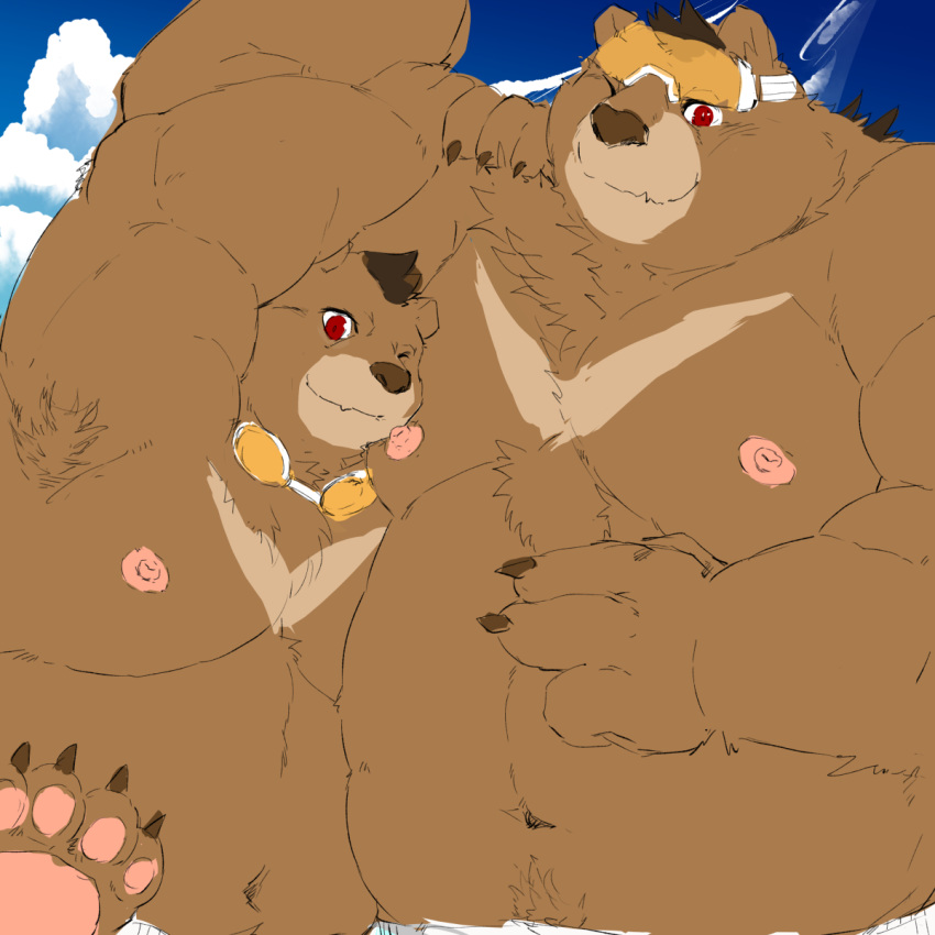 1:1 2020 anthro bear belly brown_body brown_fur duo fur hi_res humanoid_hands kemono male mammal moobs navel nipples one_eye_closed outside overweight overweight_male wink yuuya333