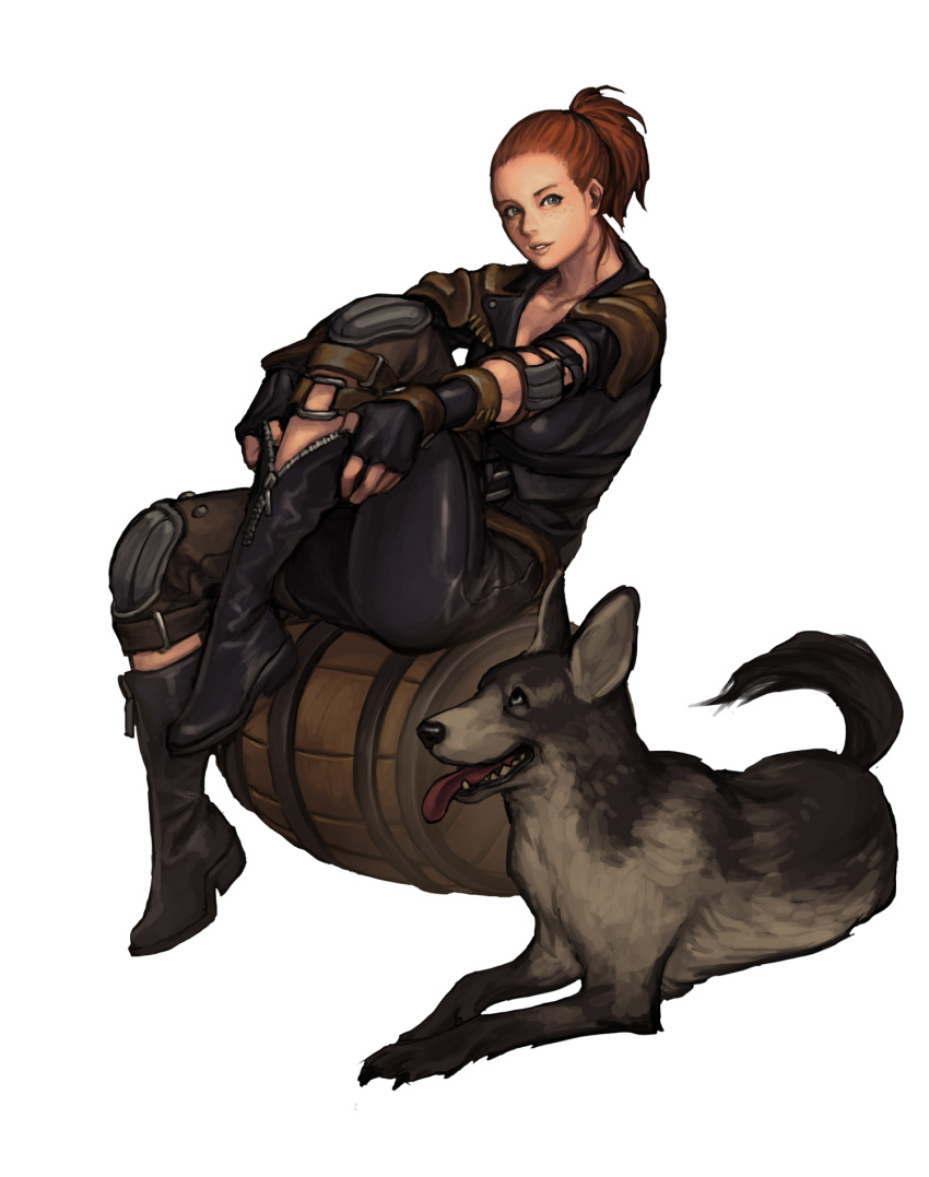 animal bad_id bad_pixiv_id barrel black_gloves boots brown_hair buckle canine cheyenne_(fallout) commentary english_commentary fallout:_new_vegas fallout_(series) female fingerless_gloves freckles full_body gloves green_eyes grin highres looking_at_viewer penett ponytail putting_on_boots red_hair simple_background sitting smile sunny_smiles transparent_background zipper zipper_pull_tab