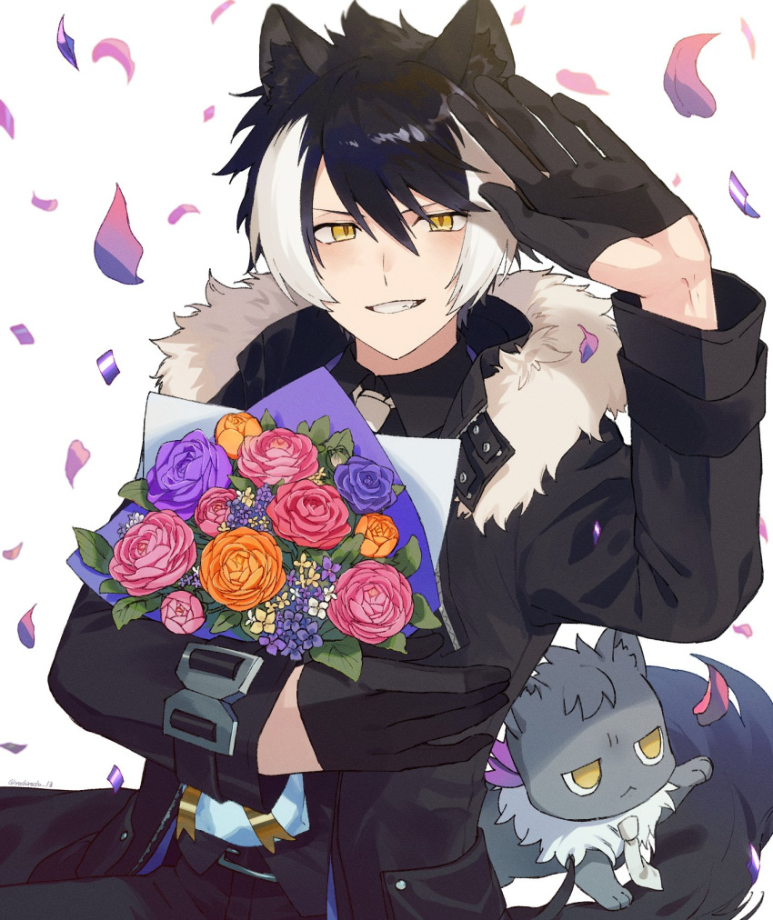 1boy animal_ears black_coat black_gloves black_hair black_shirt blush bouquet coat confetti feline flower fur-trimmed_coat fur_trim gloves grabbing_another's_tail grey_cat grin hair_between_eyes half_gloves hand_up highres holding holding_bouquet holostars jackal_boy jackal_ears jackal_tail jitome kageyama_shien long_sleeves looking_at_viewer male_focus multicolored_hair necktie nekoyama_shien orange_flower peony_(flower) pet petals pink_flower purple_flower ribbon rozu_ki shirt short_hair smile streaked_hair swept_bangs v-shaped_eyebrows virtual_youtuber white_background white_hair white_necktie yellow_eyes yellow_ribbon