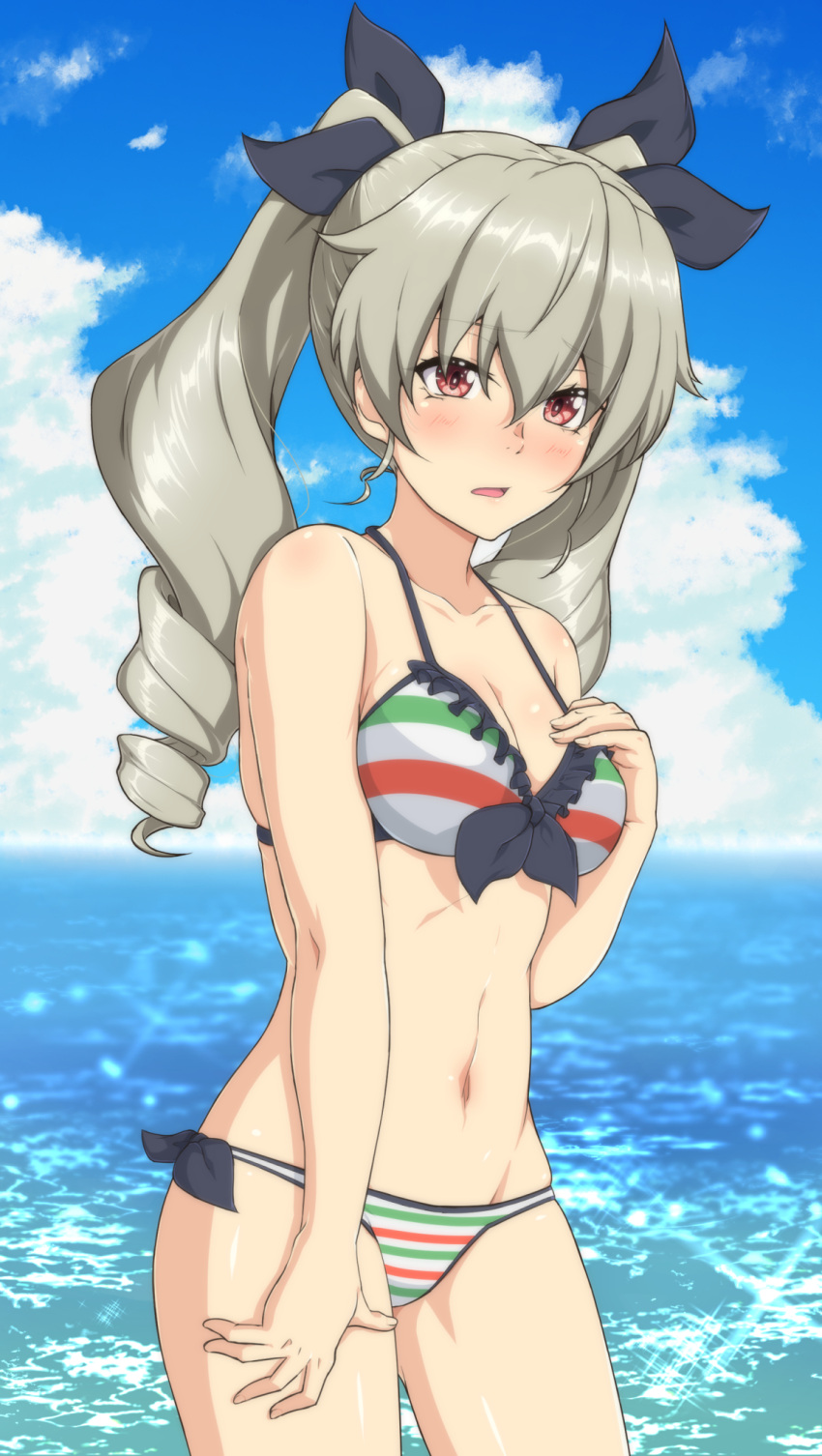 ada_badguy anchovy_(girls_und_panzer) bikini blush breasts cleavage collarbone drill_hair female girls_und_panzer green_hair hair_ribbon highres italian_flag_bikini large_breasts long_hair looking_at_viewer navel ocean open_mouth outdoors red_eyes ribbon shiny_skin sky solo striped_bikini striped_clothes swimsuit twin_drills