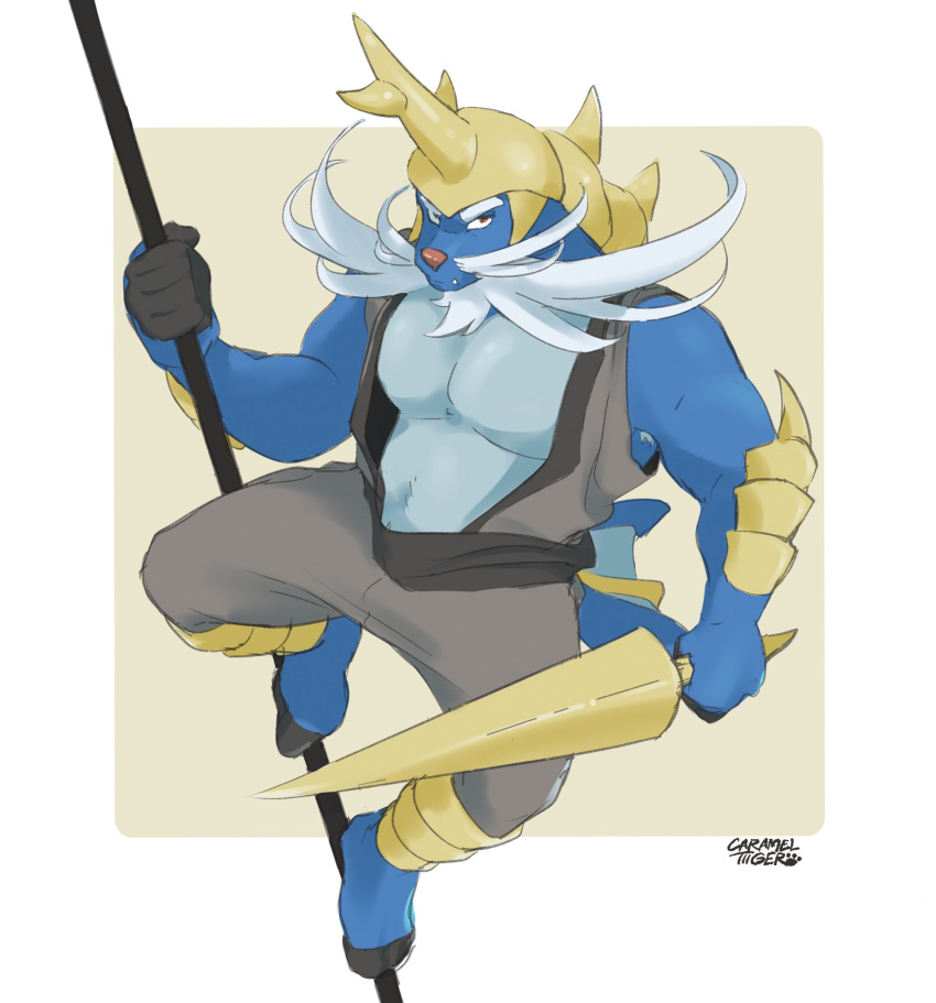 anthro anthrofied armor beard blue_body blue_fur carameltiiiger facial_hair fur generation_5_pokemon headgear helmet hi_res male melee_weapon moustache muscular muscular_anthro muscular_male nintendo pecs pokemon pokemon_(species) polearm samurott solo spear weapon