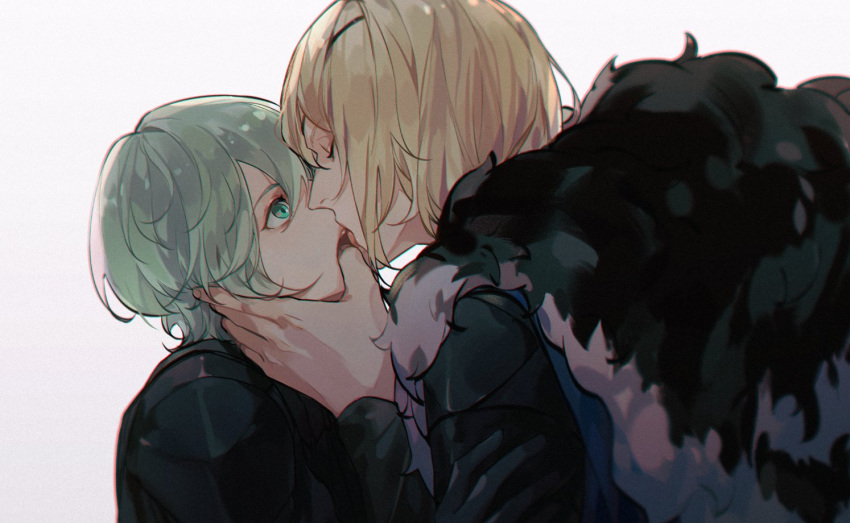 2boys amenohi arm_up armor black_armor black_fur blonde_hair blue_cape byleth_(fire_emblem) byleth_(male)_(fire_emblem) cape closed_eyes commentary_request couple dimitri_alexandre_blaiddyd finger_in_another's_mouth fire_emblem fire_emblem:_three_houses green_eyes green_hair hand_on_another's_face kissing looking_at_another male_focus medium_hair multiple_boys open_mouth short_hair simple_background teeth upper_body upper_teeth_only white_background white_fur yaoi