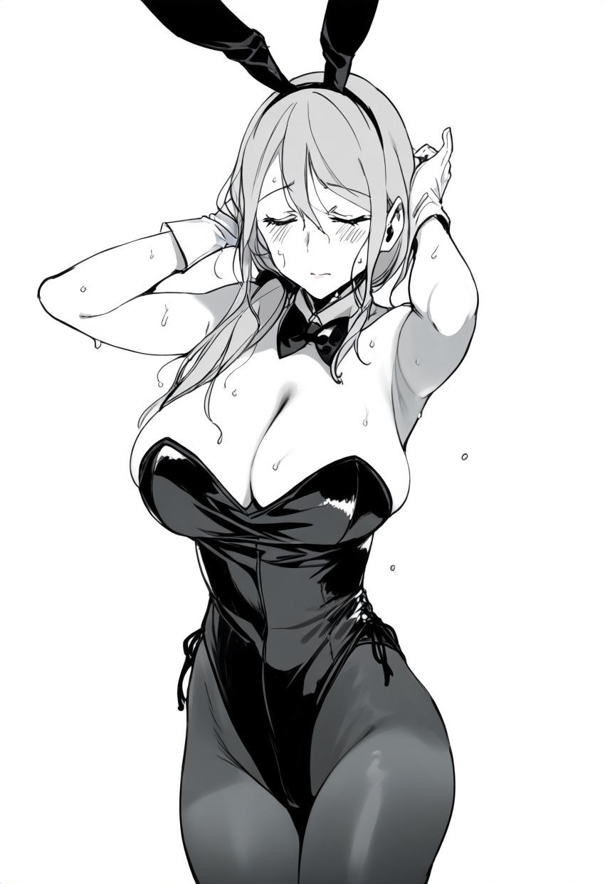 absurdres adjusting_hair animal_ears armpits blush breasts cleavage closed_eyes fake_animal_ears female gloves greyscale groin highres large_breasts leotard long_hair lovebgmilf mature_female monochrome pantyhose playboy_bunny rabbit_ears rabbit_girl side-tie_leotard sweat uzaki-chan_wa_asobitai! uzaki_tsuki