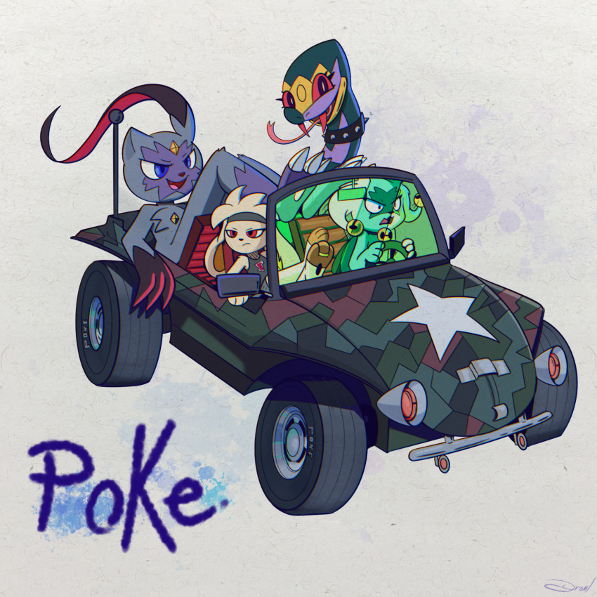 1:1 accessory ambiguous_gender angry anthro bell bell_collar blue_eyes camo car chest_gem clothing collar digit_ring driving english_text fangs feet feet_on_dashboard feral fishnet_clothing forehead_gem forked_tongue gem generation_3_pokemon generation_8_pokemon generation_9_pokemon gorillaz gorillaz_(album) grey_clothing grey_headband grey_shirt grey_topwear group headband hi_res inside_car jewelry meowscarada nintendo pokemon pokemon_(species) raboot red_eyes red_sclera ring seviper shirt sneasler soles_the_raboot spiked_collar spikes star teeth text toe_ring toes tongue toon_draw topwear vehicle