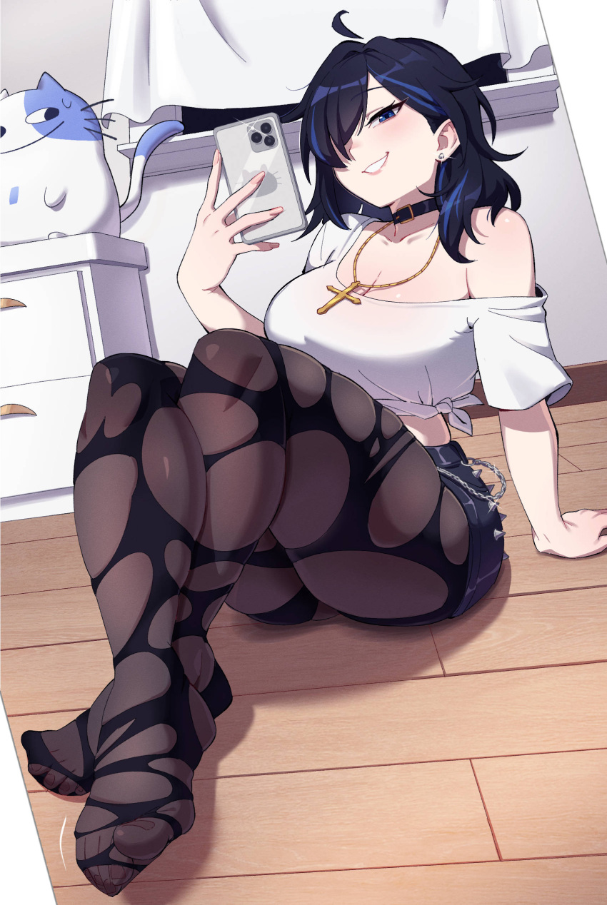 absurdres ahoge ayase_yuu black_collar black_hair black_skirt blue_eyes blue_hair breasts chains cleavage collar commission cross cross_necklace curtains earrings feet female highres holding holding_phone jewelry kharon multicolored_hair necklace pantyhose phase_connect phone shirt skirt smile streaked_hair tied_shirt toes virtual_youtuber white_shirt window wooden_floor